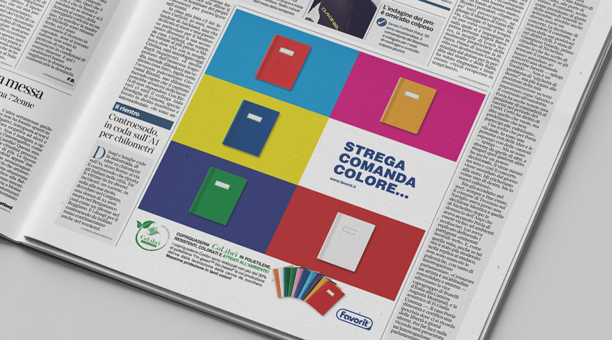 Campagna stampa Favorit su quotidiani nazionali soggetto copriquaderni