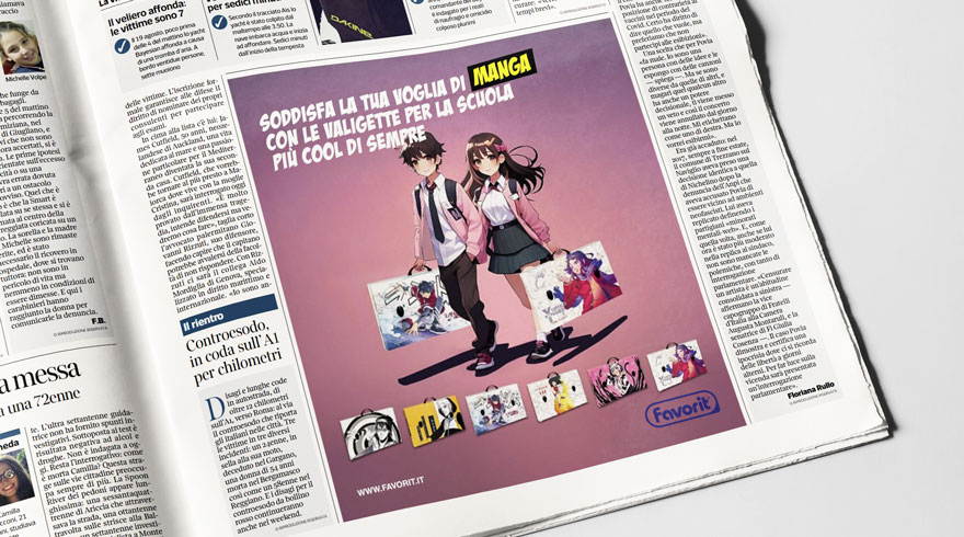 Campagna stampa Favorit su quotidiani nazionali soggetto cartellette manga